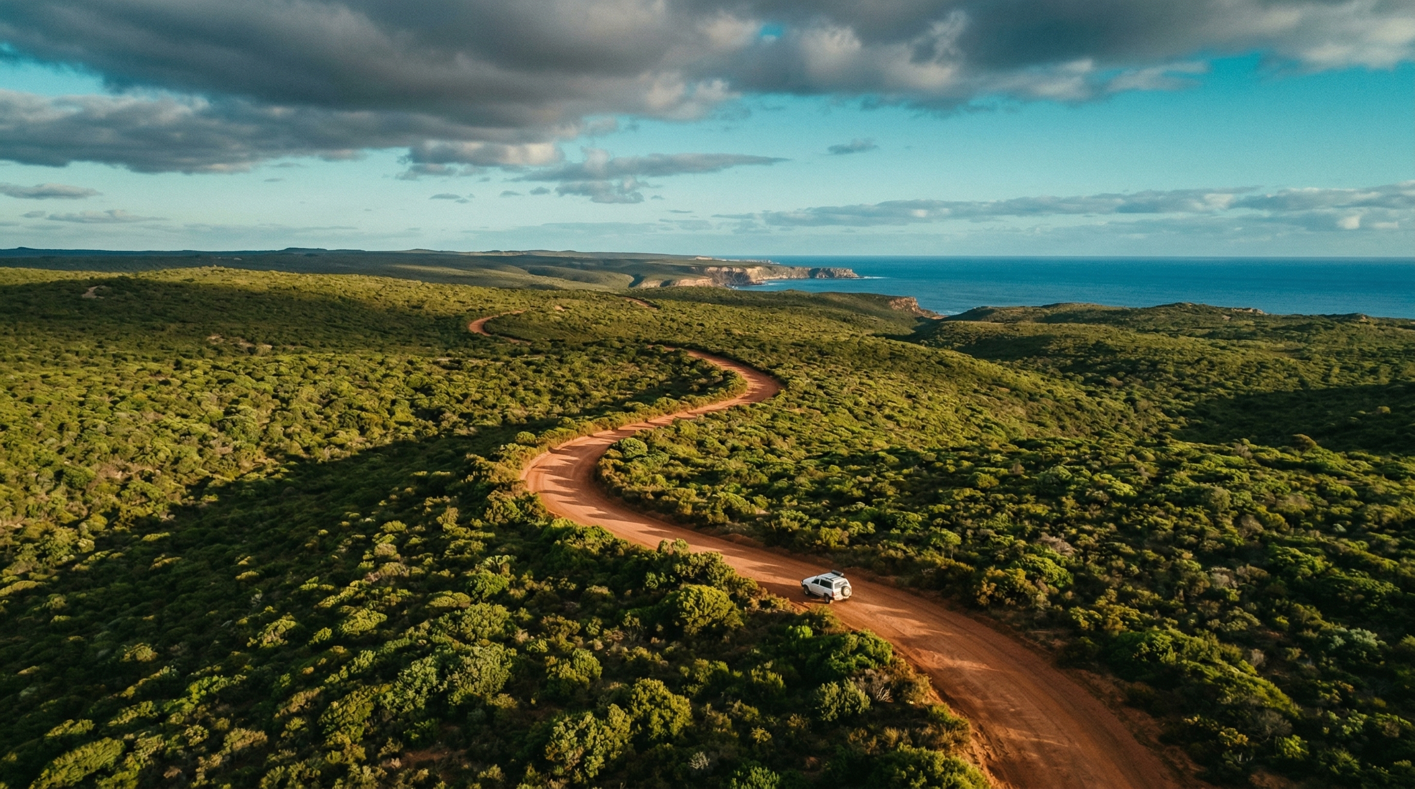 Red dirt road cutting through coastal shrubland in Western Australia under a vast turquoise sky